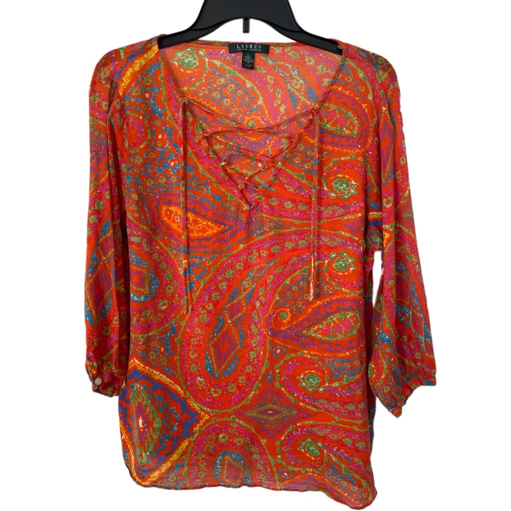 Lauren Ralph Lauren Orange Paisley Lace-Up Blouse